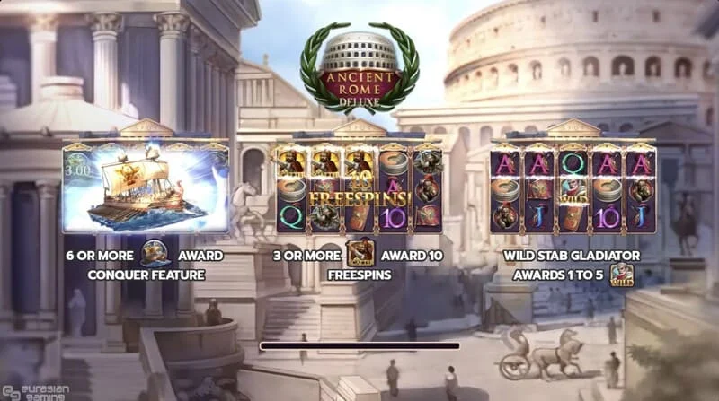 Ancient Rome Deluxe AI – Hauptbildschirm mit Walzen und Benutzeroberfläche
